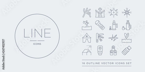16 line vector icons set such as sleeping bag, stump, sun lotion, sun protection, surfing contains swiss army knife, swiss knife, tent, thermo. sleeping bag, stump, sun lotion from camping outline