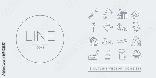 16 line vector icons set such as campfire, camping gas, can, canned food, canvas contains carabiner, cooking gas, cyclist, deck chair. campfire, camping gas, can from camping outline icons. thin,