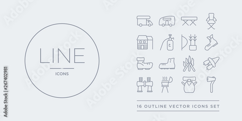 16 line vector icons set such as axes, backpack, barbecue, binocular, binoculars contains bonfire, boot, boots, boots shoes. axes, backpack, barbecue from camping outline icons. thin, stroke
