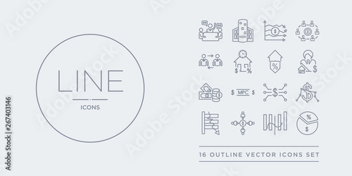 16 line vector icons set such as margin, median, merger, microeconomics, minimum wage contains monetarism, monetary policy committee, money supply, mortgage broker. margin, median, merger from