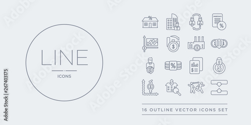 16 line vector icons set such as horizontal merger, hostile takeover, house price surveys, hyperinflation, income protection insurance contains income statement, income tax, independent financial