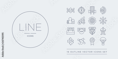 16 line vector icons set such as golden parachute, golden rule, golden share, back, grey knight contains gross domestic product (gdp), gross national product (gnp), ground rent, group of eight (g8).