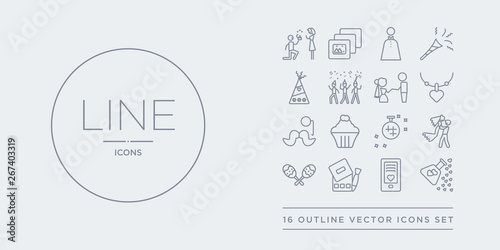 16 line vector icons set such as love potion, love smartphone, makeup, maracas, marriage contains mirror ball, muffin, mustache, necklace. love potion, smartphone, makeup from wedding and outline