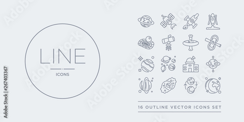16 line vector icons set such as moon, moon phases, nebula, neptune, orbit contains planetarium, planets, pluto, pulsar. moon, phases, nebula from astronomy outline icons. thin, stroke elements