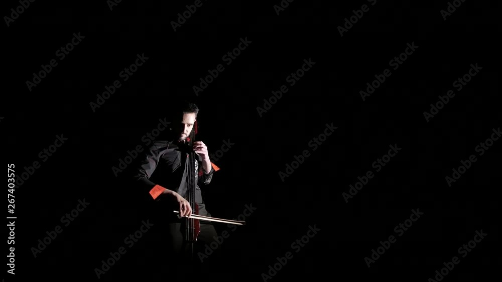 young handsome man plays electric cello on black background, isolated young handsome man plays electric cello on black background, isolated