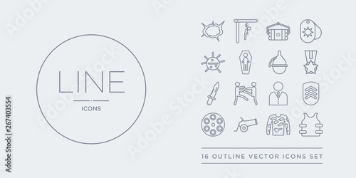 16 line vector icons set such as bulletproof, bulletproof vest, camouflage military clothing, cannon, chamber contains chevrons, civilian, combat, combat knife. bulletproof, vest, camouflage