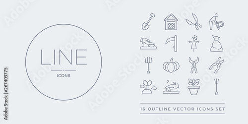 16 line vector icons set such as pitchfork, plant, plant seeds, plant sprout, pruners contains pruning shears, pumpkin, rake, sack. pitchfork, seeds from agriculture, farming outline icons. thin,