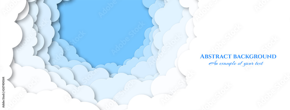 Design for social caps, signage, horizontal banners with sky and clouds. Paper cut pattern. Vector illustration