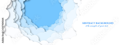 Design for social caps, signage, horizontal banners with sky and clouds. Paper cut pattern. Vector illustration