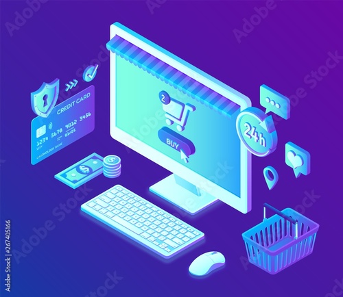 Online shopping. 3D isometric online store. Shopping Online on Website or Mobile Application. Concept of e-commerce sales, digital marketing. Bank card, money and shopping bag. Vector illustration.