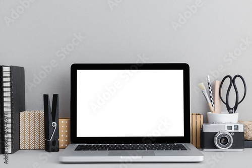 Wallpaper Mural Mock up laptop on grey stylish desk. Minimal workspace with camera. Torontodigital.ca