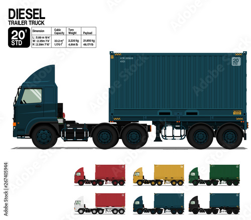 Isolated Diesel semi trailer truck 20 ft on transparent background