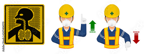 Set of industrial worker with dust mask is gesturing hand sign ( increase,decrease)