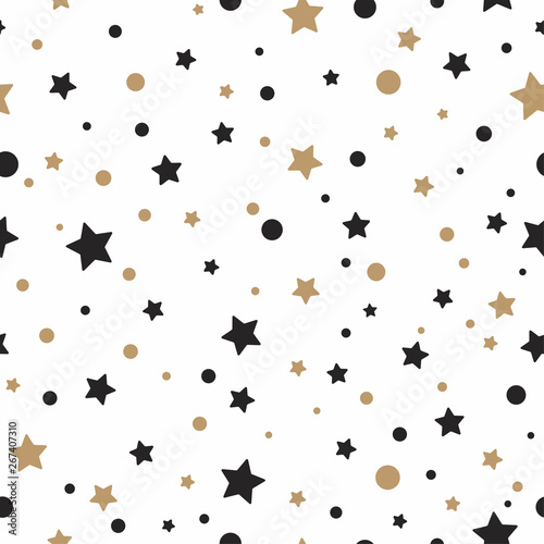 Seamless cute pattern with little rounded back stars, dots and circles on white background. Vector
