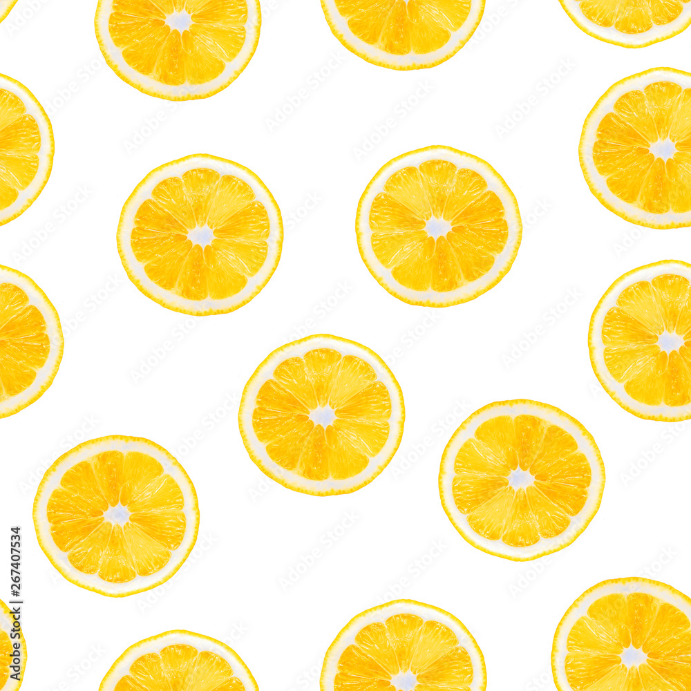 Summer seamless pattern with lemons slice on white background. Lemon texture design for textiles, wallpaper, fabric.