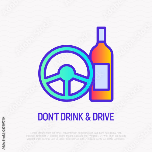 Don't drink and drive: steering wheel and bottle. Thin line icon. Modern vector illustration of warning symbol.