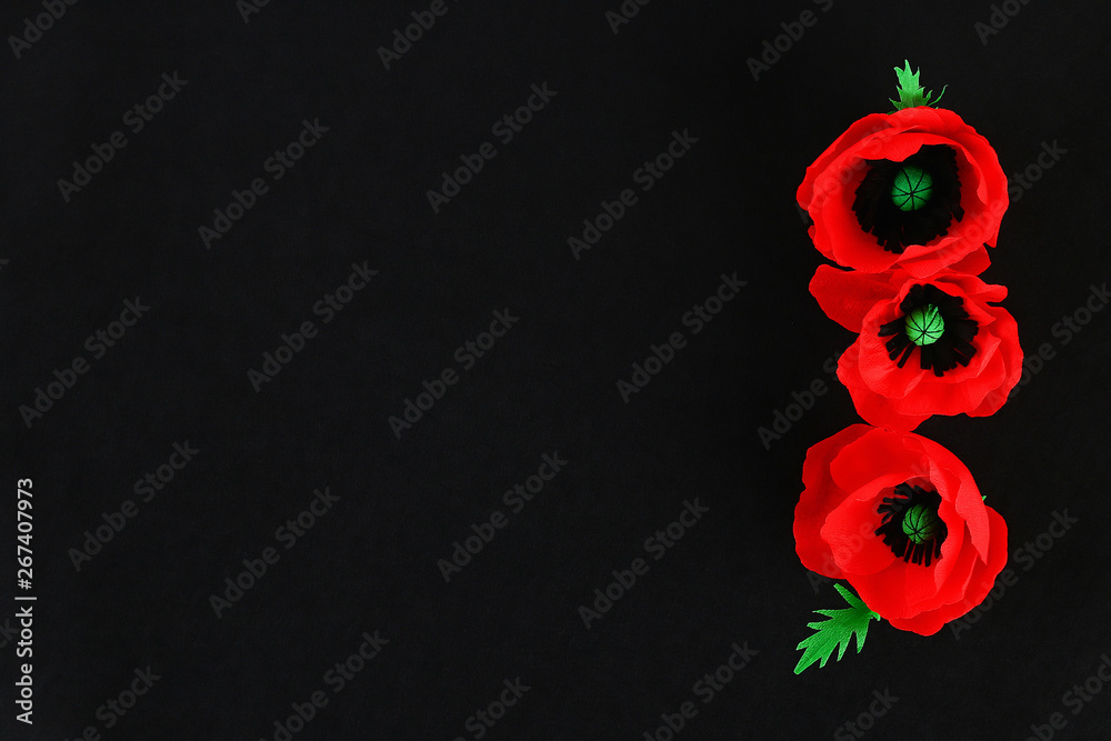 Fototapeta premium Diy paper red poppy Anzac Day, Remembrance, Remember, Memorial day crepe paper on black background.