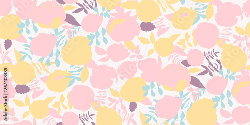 Flowers pattern vector. Floral seamless background with hand drawn stylized peonies or roses and leaves.