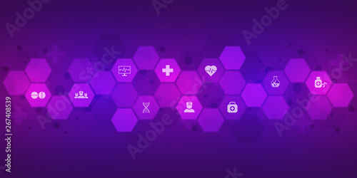 Abstract medical background with flat icons and symbols. Concepts and ideas for healthcare technology, innovation medicine, health, science and research. © berCheck