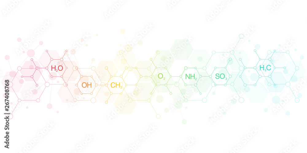 Abstract chemistry background with chemical formulas and molecular structures. Science and innovation technology concept.