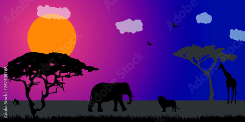 Landscape of African savannah. Silhouette of animals in wild nature © Renat