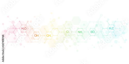 Abstract chemistry background with chemical formulas and molecular structures. Science and innovation technology concept.