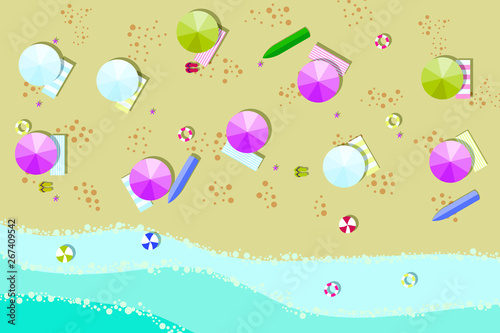 Summer sunny beach with umbrellas. Sea waves Top view. Travel, vacation, holidays concept