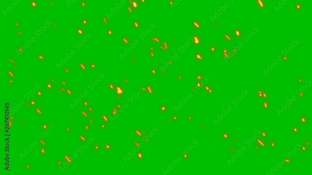 Burning red hot sparks rise from large fire seamless loop. Backdrop of bonfire, light and life. 3D animation of fiery orange glowing flying ember particles on green screen for keying in 4k