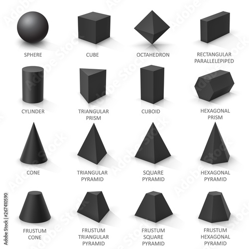 Set of basic 3d shapes. Black geometric solids on a white background