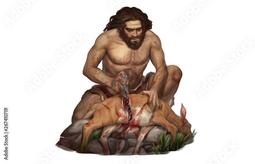 Illustration of Neanderthal Man Cut Deer with Stone Tool