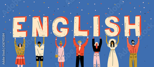 Diverse people holding letters word English. Learn foreign language