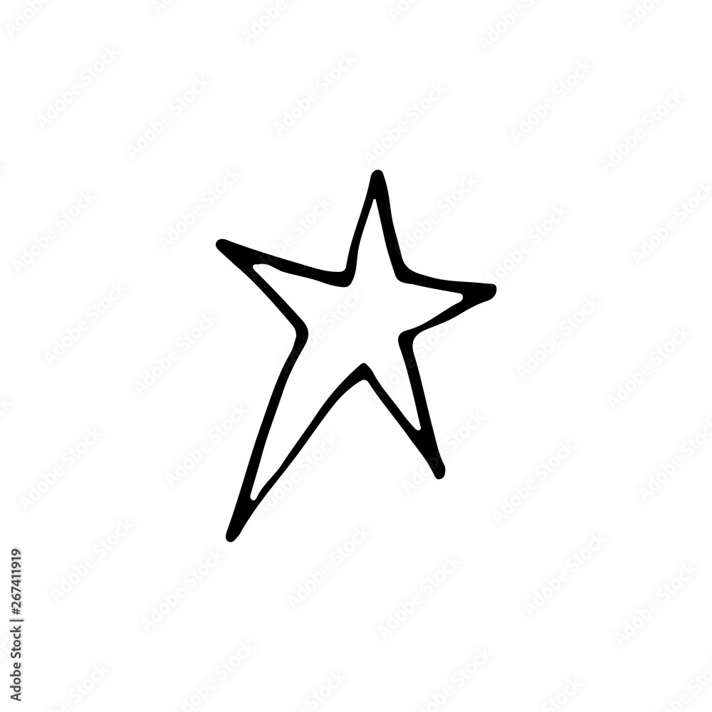 Fototapeta premium Cute cartoon hand drawn star icon. Sweet vector black and white star icon. Isolated monochrome doodle star icon on white background.