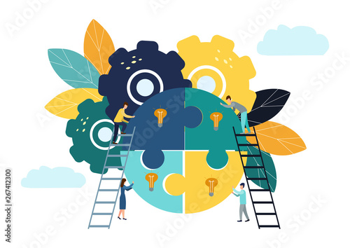 Business concept Team metaphor. People connecting puzzle elements. Vector illustration flat design style. Symbol of teamwork, cooperation, partnership. People combine ideas.