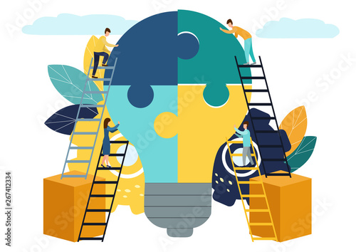 Business concept Team metaphor. People connecting puzzle elements. Vector illustration flat design style. Symbol of teamwork, cooperation, partnership. People combine ideas.