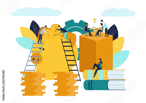Vector flat illustration, big piggy bank on white background, financial services, bankers do the work, hoard or save money, increase knowledge.