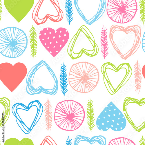 Colorful vector seamless pattern with abstract hand drawn hearts and feathers in cute spring colors on white background. Pink, green and blue shapes. Trendy wallpaper design for fabric and textile.