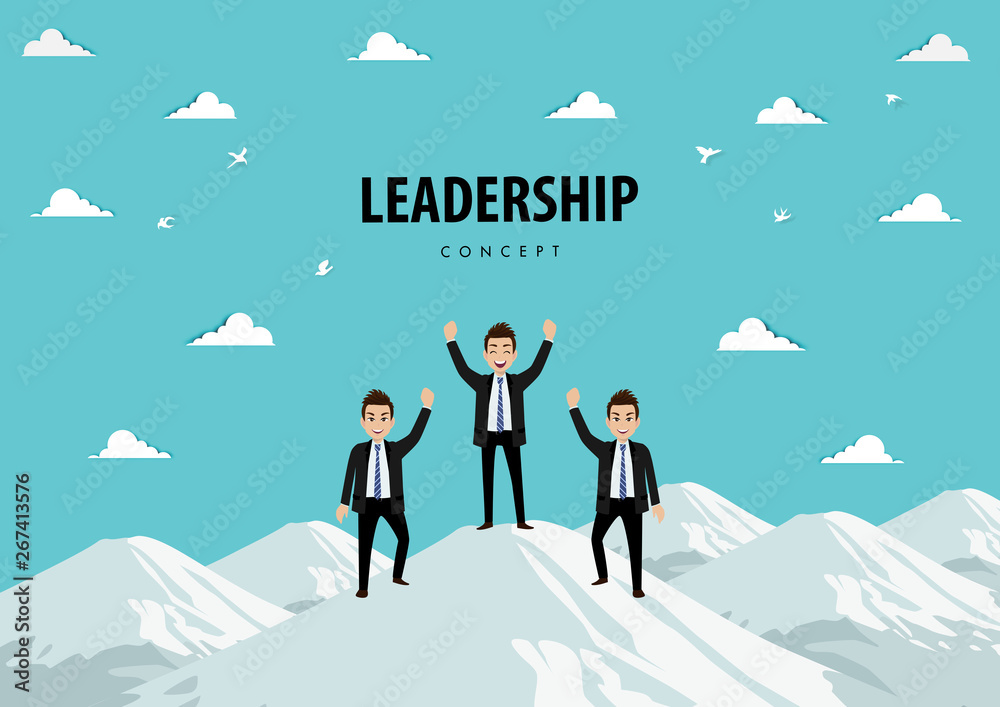 Cartoon character of the team on the mountain. Leadership Concept Vector
