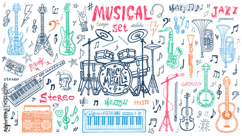 Funny cool sketch set, theme music party, doodle style lettering, musical notes, instruments slogan graphic art for t shirt design print posters. Hand drawn vector illustration.