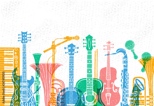 Musical instruments, guitar, fiddle, violin, clarinet, banjo, trombone, trumpet, saxophone, sax, music lover slogan graphic for t shirt design posters prints. Hand drawn vector illustration.