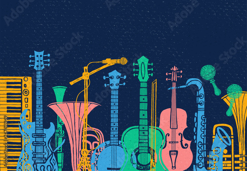 Musical instruments, guitar, fiddle, violin, clarinet, banjo, trombone, trumpet, saxophone, sax, music lover slogan graphic for t shirt design posters prints. Hand drawn vector illustration.