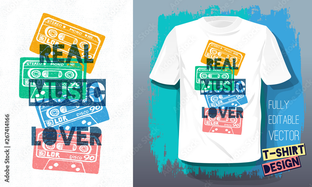 Φωτογραφία Real music lover lettering slogan retro sketch style tape cassette for t shirt design print posters kids boys girls