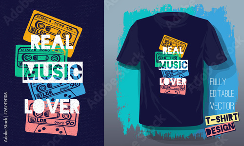 Real music lover lettering slogan retro sketch style tape cassette for t shirt design print posters kids boys girls. Hand drawn vector illustration.