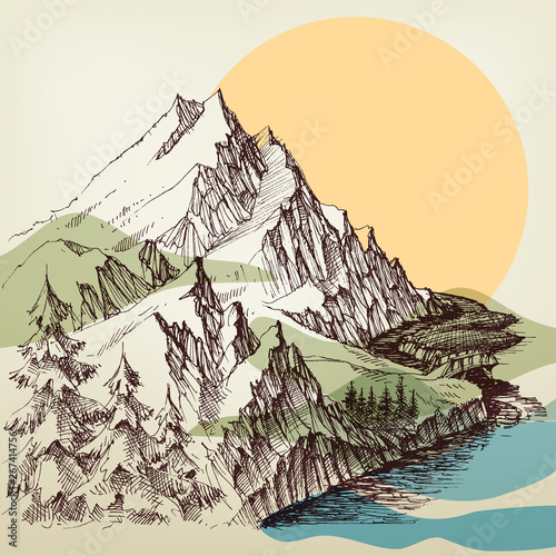 Alpine river landscape hand drawing