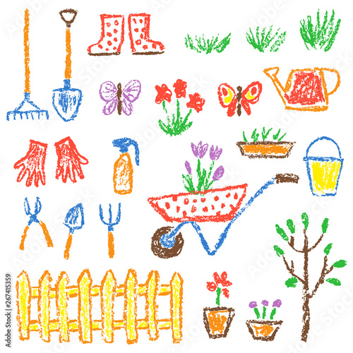 Gardening tools set. Garden or farm instruments. Like child hand drawing equipment. Crayon, pencil or pastel chalk isolated vector flower, watering can, shovel, fence, cart, rubber boots, plant, rake
