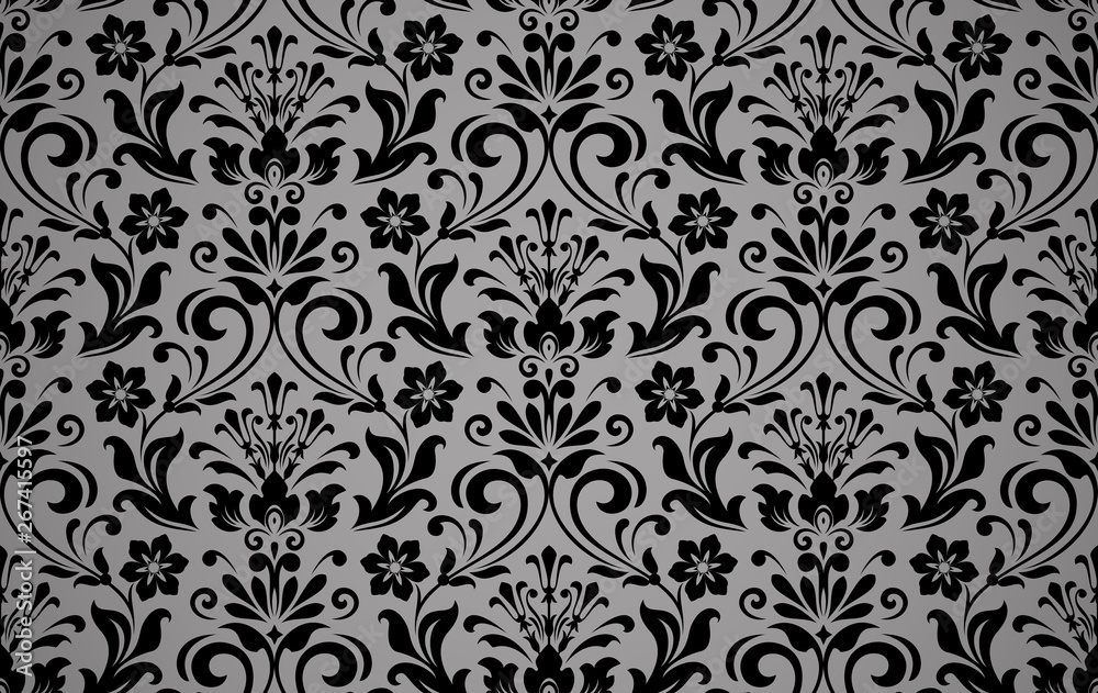 Wallpaper in the style of Baroque. Seamless vector background. White and black floral ornament. Graphic pattern for fabric, wallpaper, packaging. Ornate Damask flower ornament