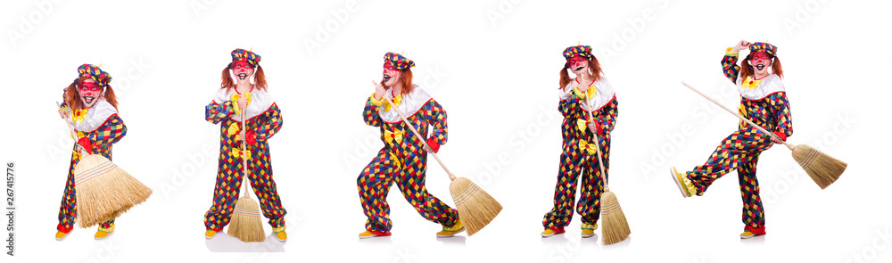 Clown with broom isolated on white