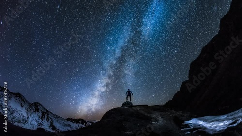 Meditation timelapse - Himalayas mountains sky and alone man. Falling stars like a snowflakes in Nepal video photo