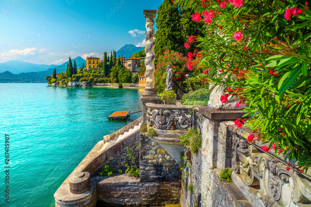 Lake Como with luxury villas and spectacular gardens, Varenna, Italy - obrazy, fototapety, plakaty 