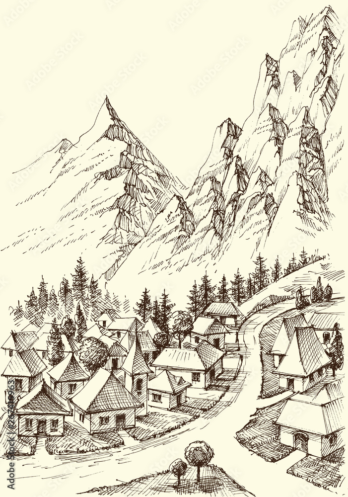 Mountains village hand drawing. Alpine landscape in the background