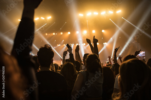 hands to the skies of people dancing and having fun at the live music concert
